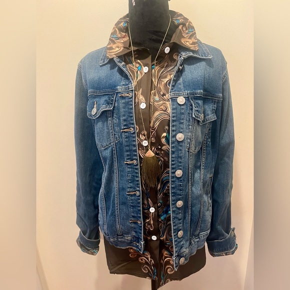 unknown Tops - Peacock Feather Print Button Down Blouse Women’s Large Statement Top NWOT Large